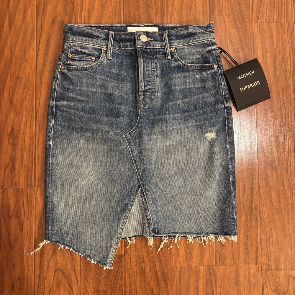 NWT MOTHER Tomcat Fray Denim Jean Skirt Better When Its Wrong Blue Womens 24